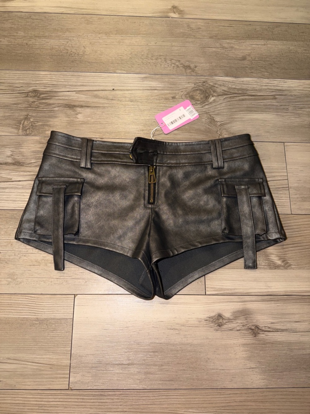 Washed Faux Leather Micro Cargo Shorts